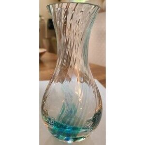 Vintage Caithness Scotland Hand Blown Flamenco Blue Swirl Art Glass Vase 6-1/2"